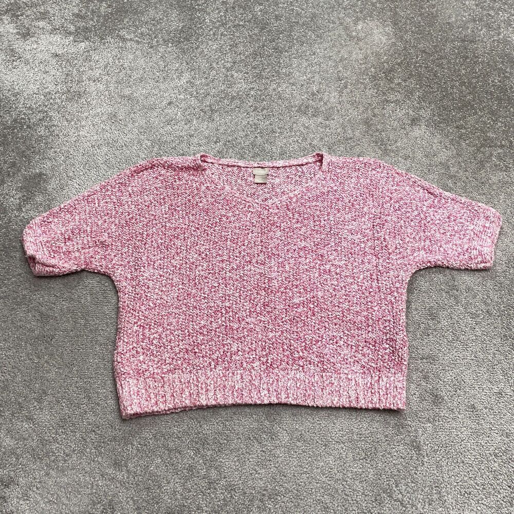 Chico's Crochet Cropped Popcorn Sweater Womens Large Petite 2 Pink Short Sleeve